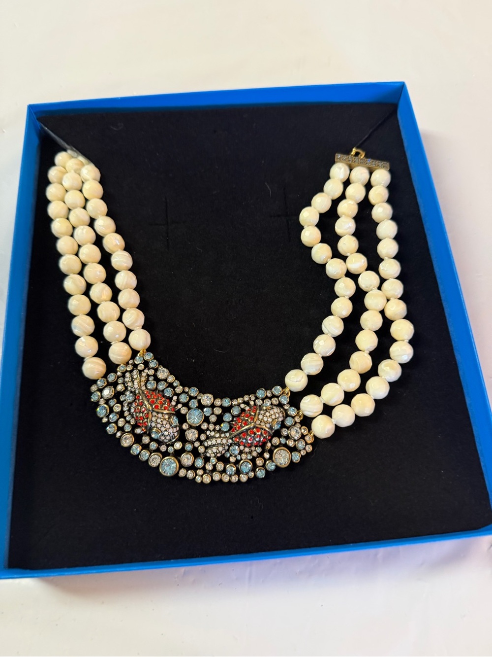 Heidi Daus Ivory Color  Beaded Necklace with Koi Blue and Red Crystal Accents